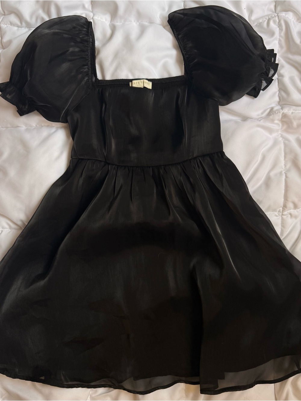 THIRTY THIRTY LA Black Mini Dress Sheer Puff Sleeves Smocked Bodice